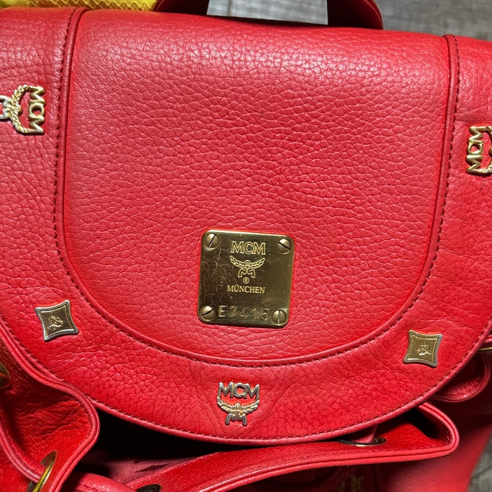 VTG MCM  Red Leather Backpack with Gold Accents - Picture 7 of 16